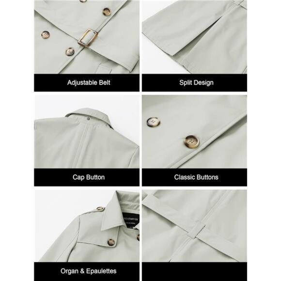 Women's Trench Coat Double-Breasted Classic Lapel Overcoat Belted - Picture 6 of 6